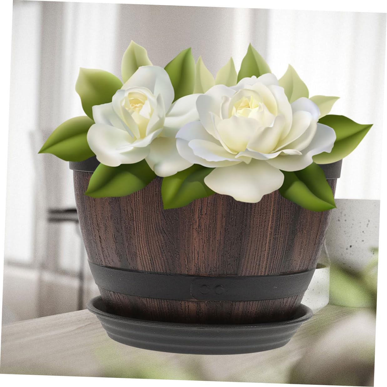 Retro Imitation Wood Plastic Flower Planter Barrel with Drainage Hole and Tray, Thickened Garden Pot for Balcony and Outdoor Patio Planting, Model 300