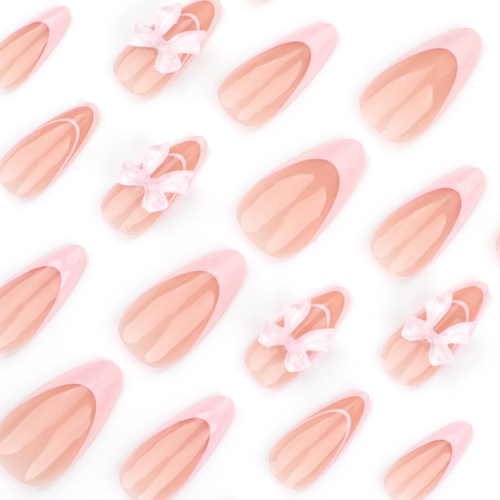 GlamRays 24 Piece French Tip Press on Nails Medium Sized Cute Fake Almond Stick on Nails with Pink Bow Decorations Glossy Nude Full Cover Art - Image 3
