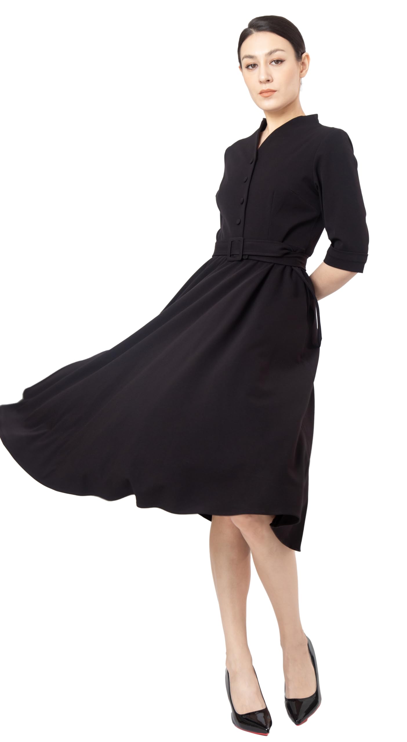 Vestido Midi Fit & Flare Tea con Botones Frontales para Mujer, Ideal para Oficina y Trabajo