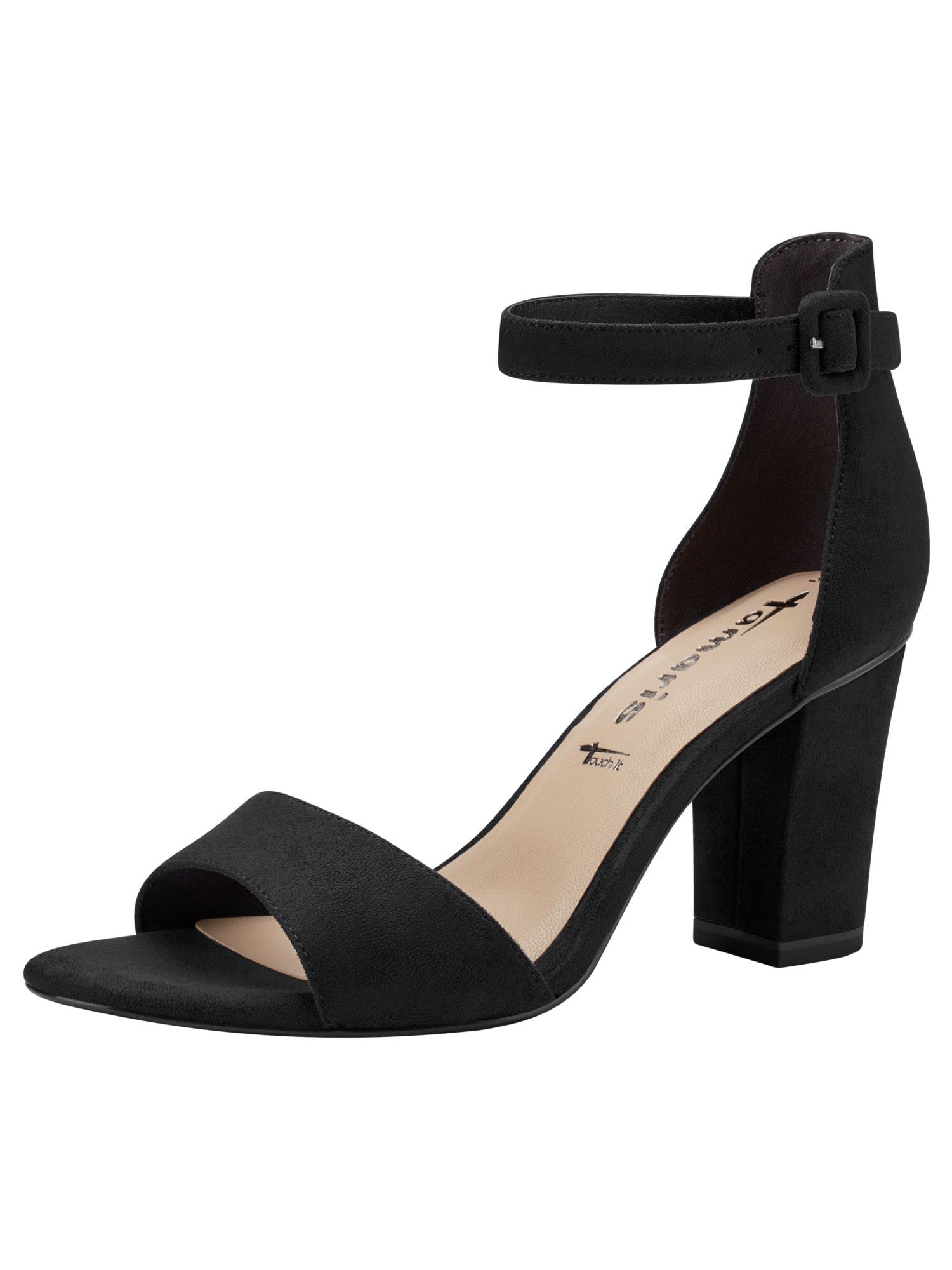 Tamaris Damen Sandaletten, Frauen Sandalen,TOUCHit-Fußbett,high Heels,Stilettos,offene Absatzschuhe,hoher Absatz,Black Suede,38 EU