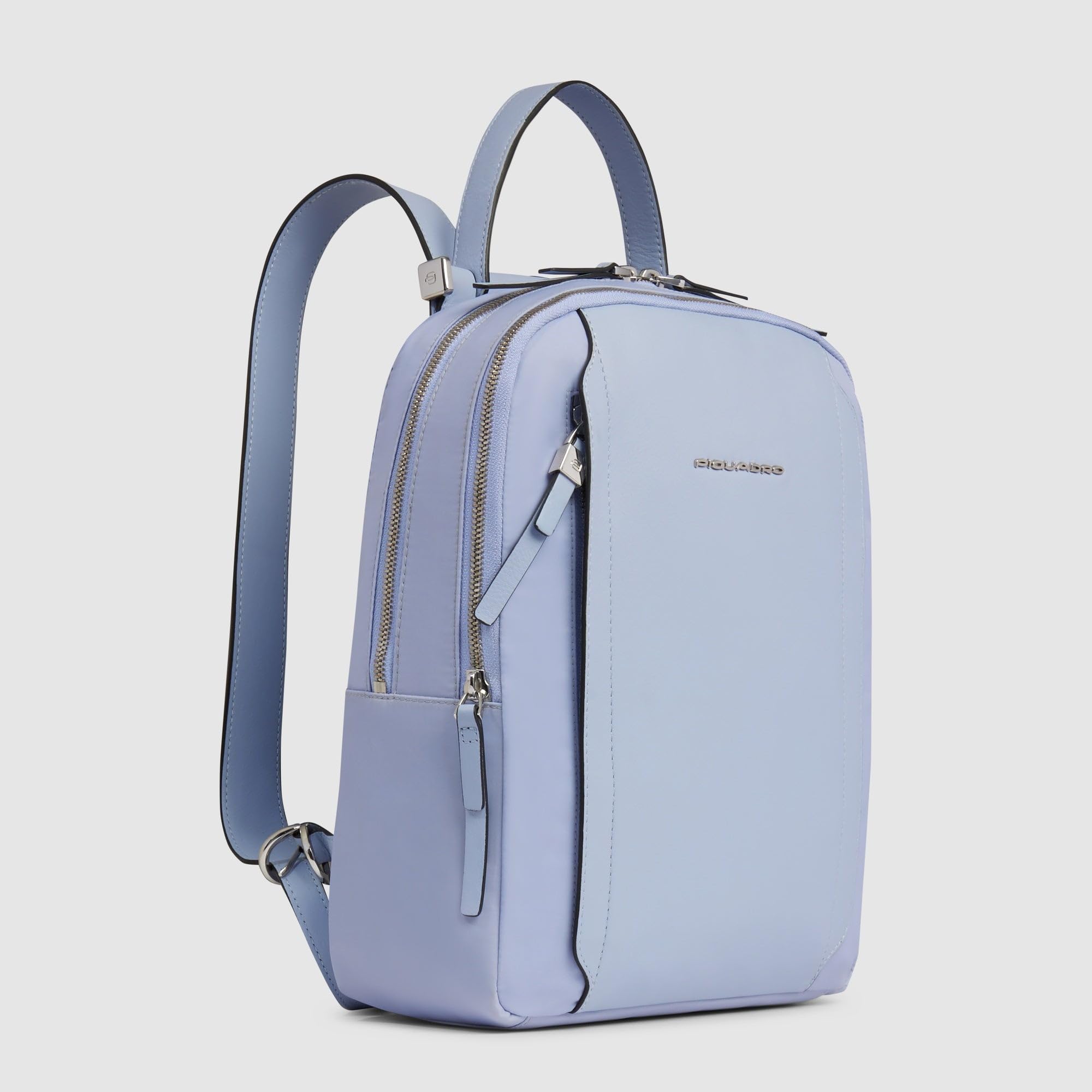 Piquadro – Mochila de mujer – Tejido técnico + Cuero – Compartimento compatible con iPad® / Tablet 12,9'' – 2 compartimentos – Bolsillo delantero – Accesorio para carrito