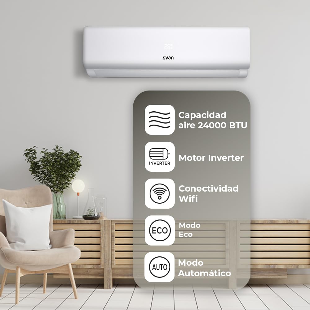 Svan Aire Acondicionado Split, 24000 BTU SAAS2400W. Bomba de Calor, Mando a Distancia, Temporizador, Clasificación Energética A++