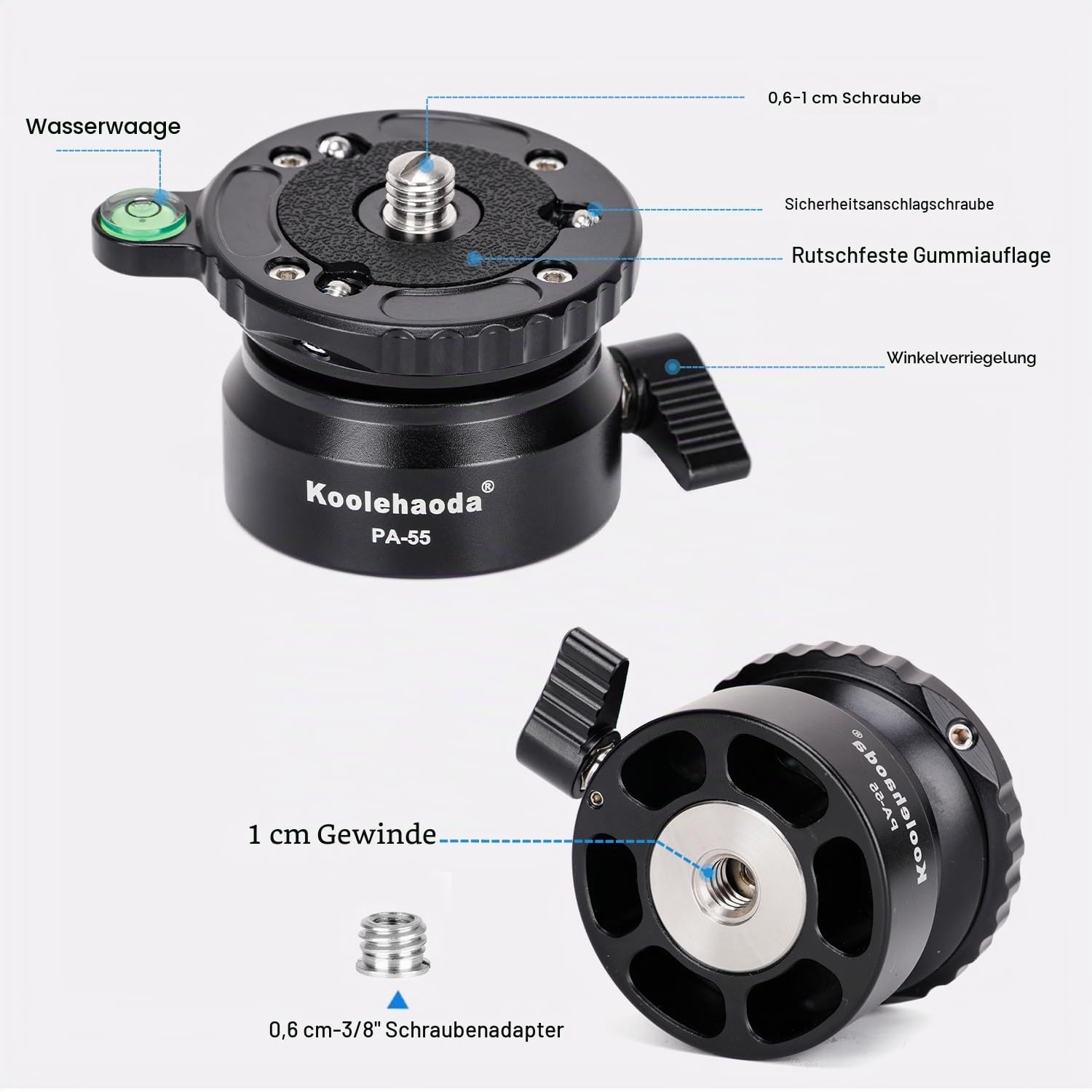 Koolehaoda PA-55 Stativ Nivellierbasis Leveling Base +/- 15 Grad Präzisionseinstellung mit 1/4" Schraube und Versatz Wasserwaage für Canon, für Nikon, DSLR-Kameras