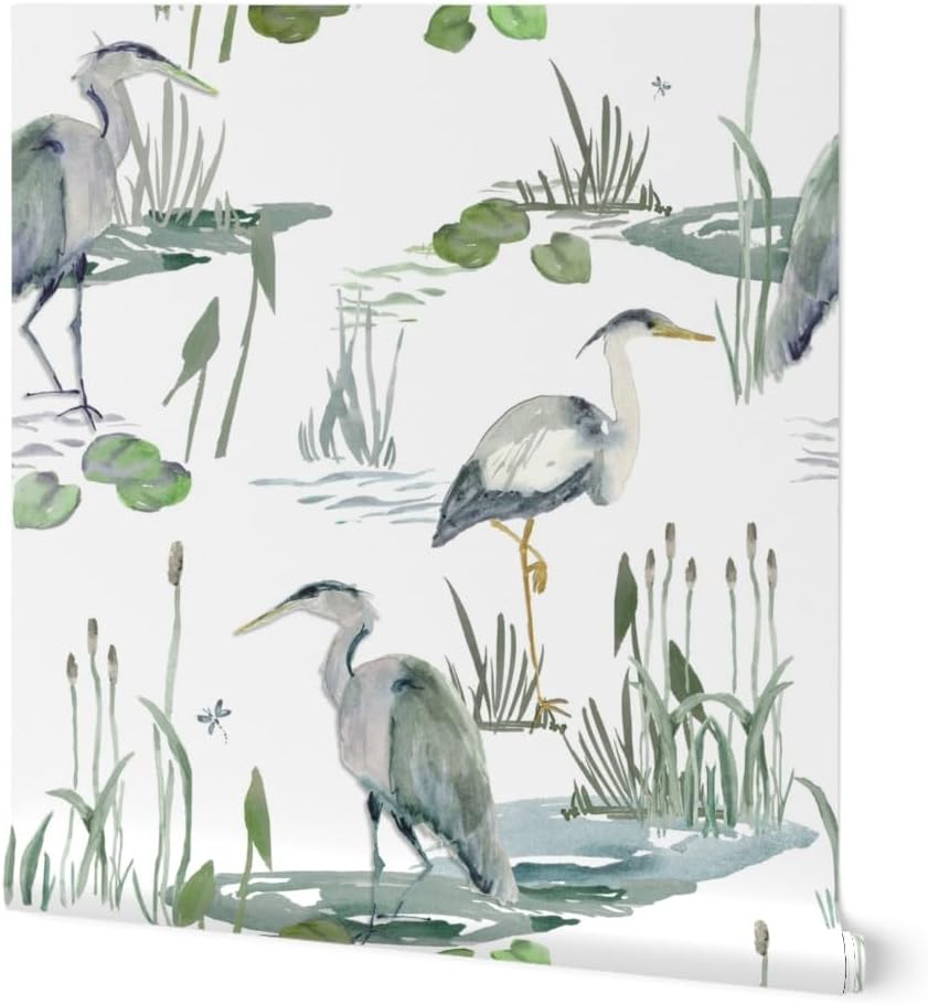 Spoonflower Peel & Stick Wallpaper Swatch - Watercolor Marsh Pond Heron Birds Nature Coastal Cattails Seaside Coast Beach Egret Large Scale Custom Removable Wallpaper