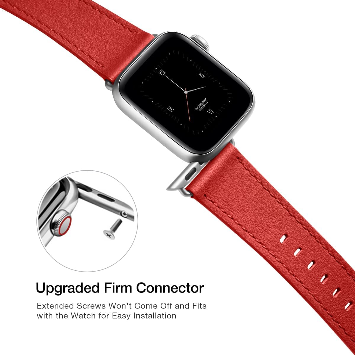 POWER PRIMACY Leather Bands Compatible with Apple Watch Band 49mm 46mm 45mm 44mm 42mm-Series 3 2 1,Genuine Leather Strap Compatible for Women Men iWatch Ultra SE Series 11 10 9 8 7 6 5 4(Red/Silver) - Image 4