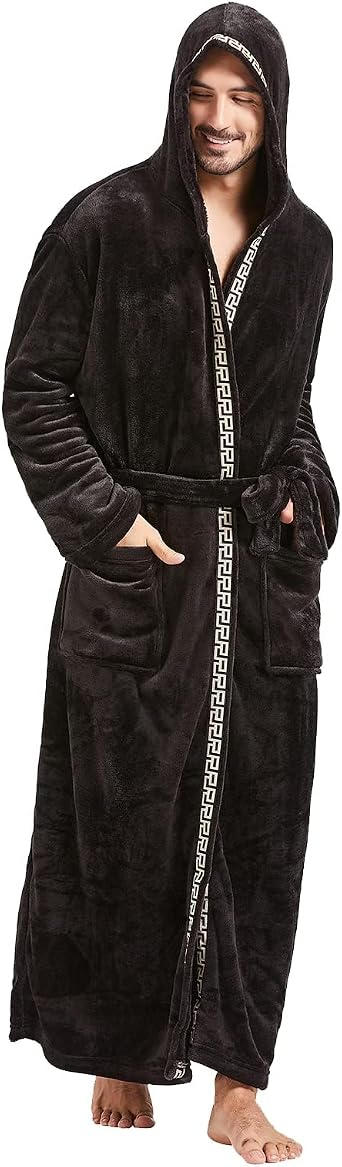 FashGudim Mens Robes Big and Tall with Hood Two-Tone Flannel Fleece Contrast Bathrobe Full Length Plush Long Robe House Coat