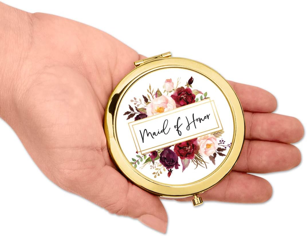 Andaz Press Gold Compact Mirror Bridesmaid's Gift, Maid of Honor, Fall Autumn Burgundy Flowers with Frame, 1-Pack, Wedding Gifts Ideas for Maid of Honor