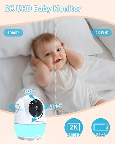 Miniatura 4 de Yonvim Monitor de bebé de 5.3 pulgadas 1080P sin WiFi, monitor de bebé de video con cámara y audio, cámara 2K, grabación y reproducción de video de
