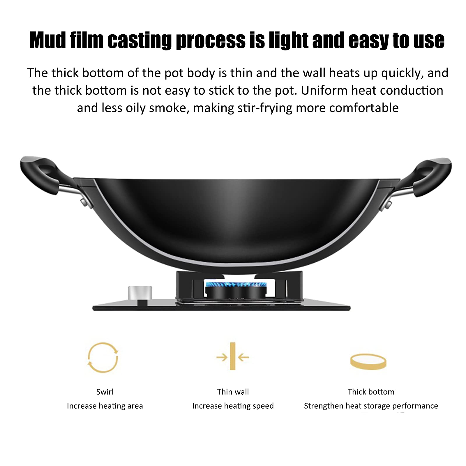 AIZYR Wok De Hierro De Fondo Plano para El Hogar con Mango De Madera Y Tapa De Vidrio para Estufas Eléctricas, De Inducción Y De Gas,42cm