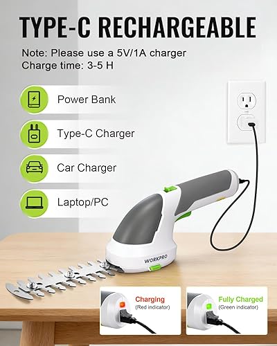 Miniatura 6 de WORKPRO - Cizalla manual 2 en 1 para césped, setos y arbustos, inalámbrica, de 7.2 V, cizalla eléctrica con batería de litio recargable, incluye