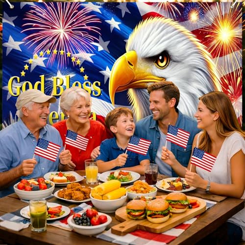 Image of BlissYard 4th of July Backdrop 8x6ft Independence Day Decorations Patriotic Eagle God Bless America Banner American Flag Fireworks Decorations for Memorial Day Independence Day Veterans Day Party Supplies