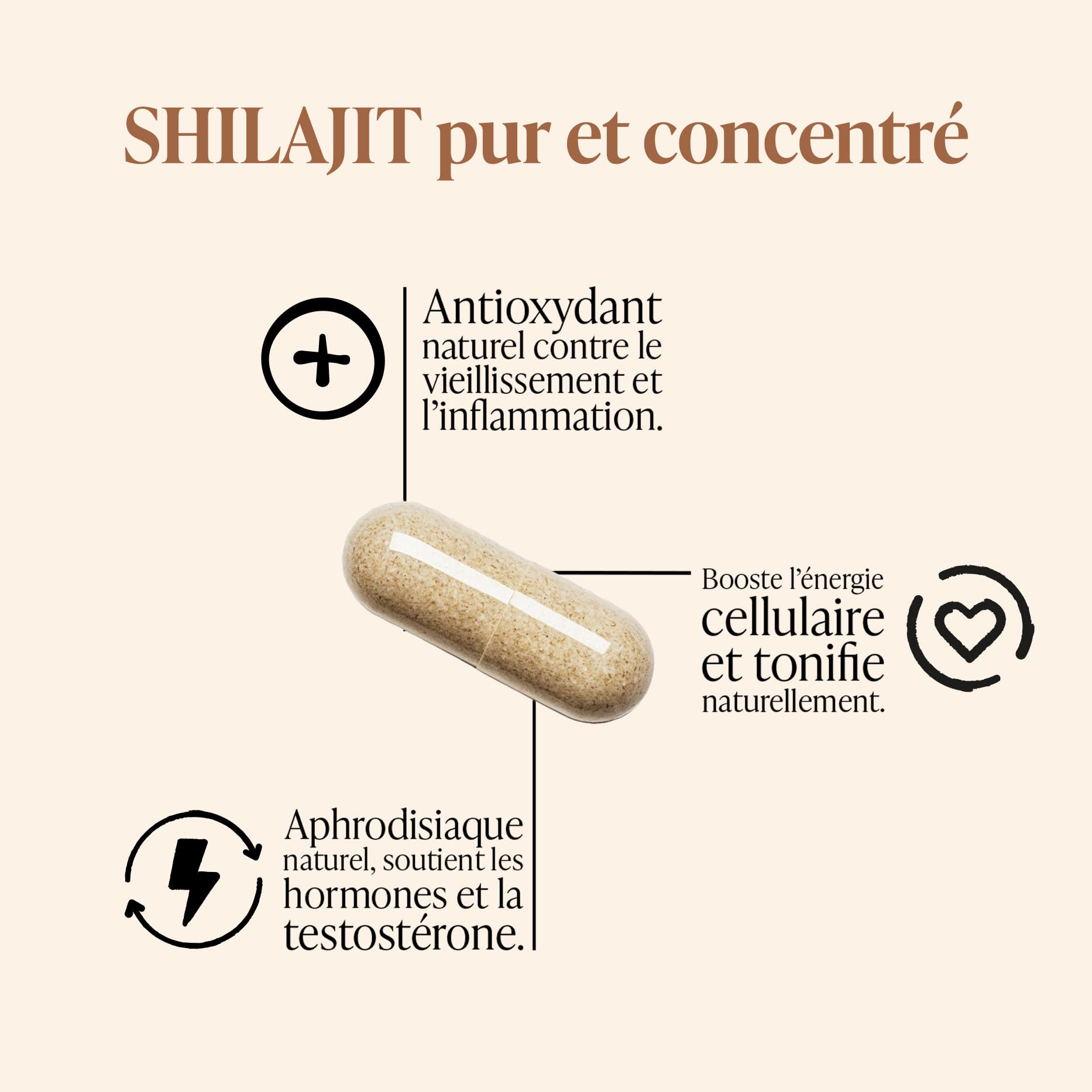 TAAJ | Shilajit en gélules | Pur de l'Himalaya, 100% naturel | 70% d'acides fulviques | + 85 minéraux et oligo-éléments | Antioxydant | Réduit stress & fatigue | Cure de 30 jours | 60 gélules