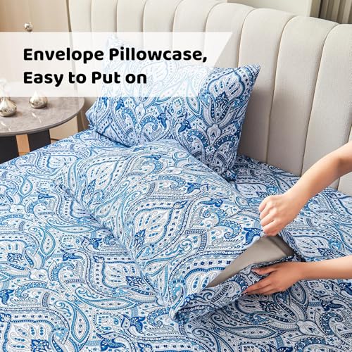 Image of Softan Blue Paisley Printed Bed Sheets King Size, Floral Sheet Set King, Brushed Polyester Microfiber Fitted Sheet with 15 inch Deep Pocket & Non-Slip Straps, Blue Flower Patterned Sheet & Pillowcase Sets