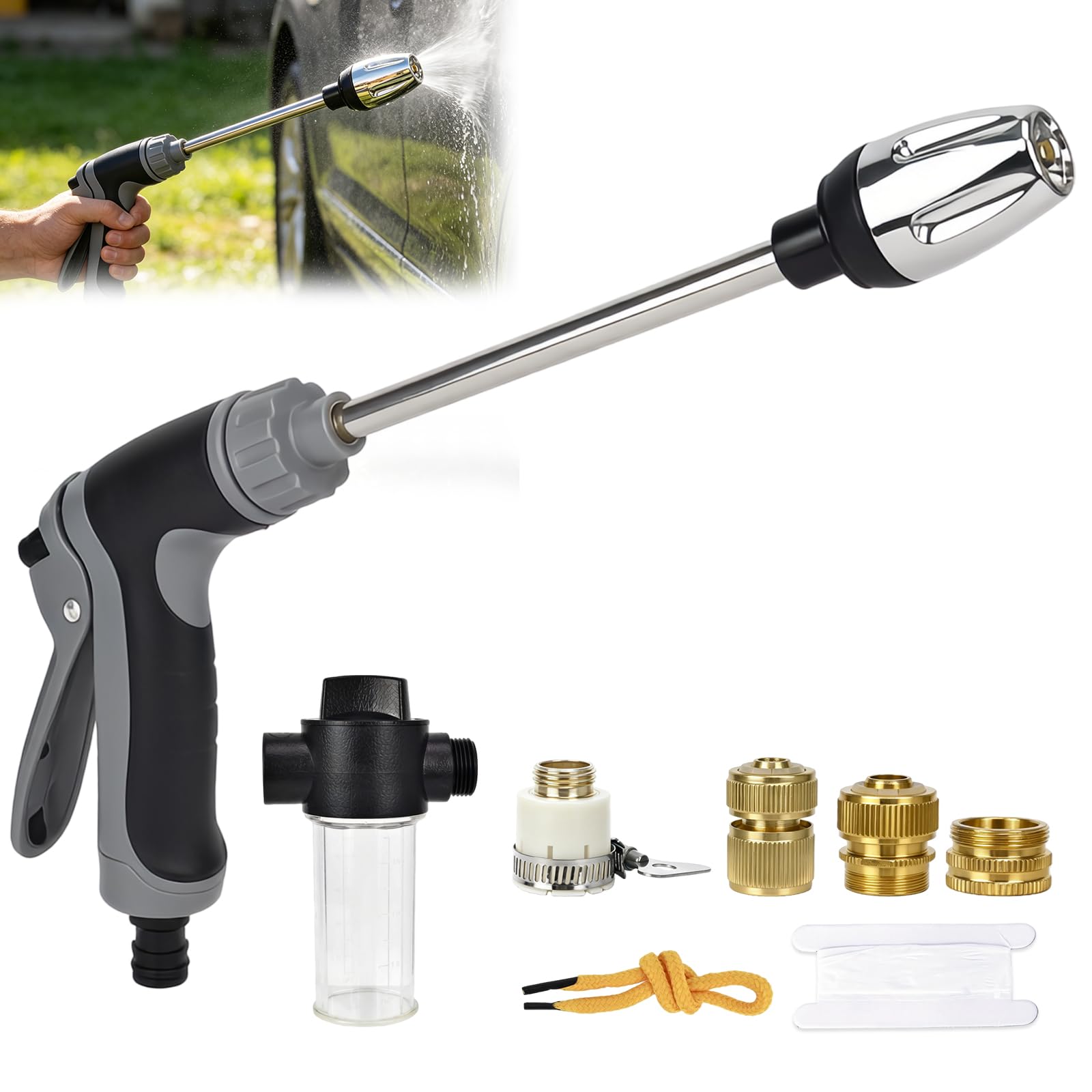 Power Jet pistolet wysokociśnieniowy z pojemnikiem na pianę 100 ml, wielofunkcyjny pistolet ogrodowy z 3 trybami natrysku, do mycia samochodu, ogrodu i na taras