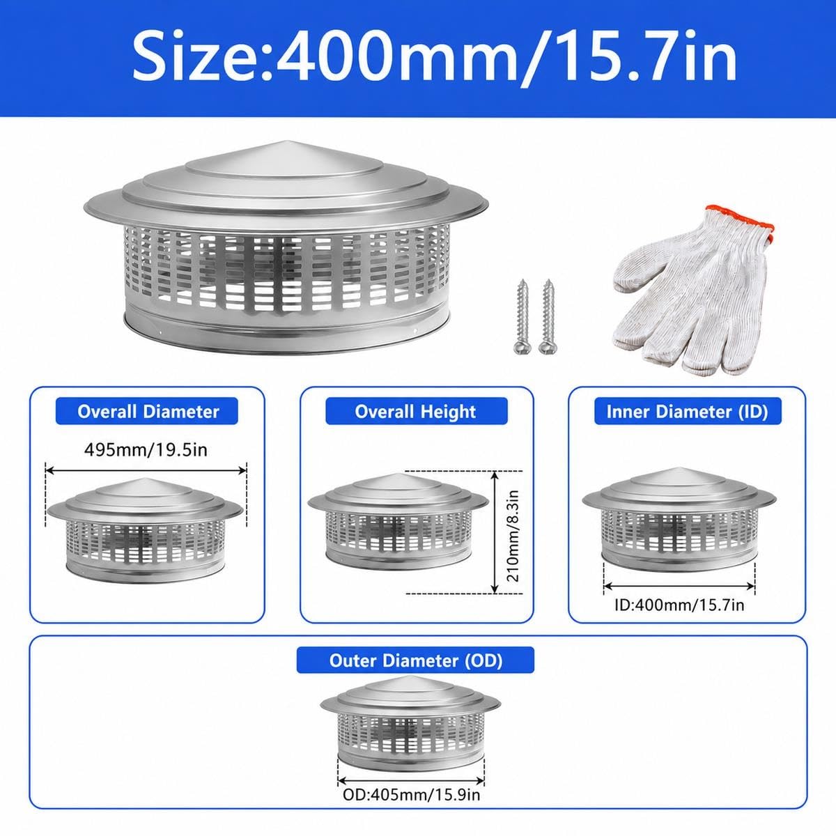 75-400mm Comignolo Antivento Antipioggia per Camino Terminale Canna Fumaria Copertura per In Acciaio Inossidabile, Cappello Scarico For Esterni, Tappo di Sfiato Antipioggia(400mm/15.7in)