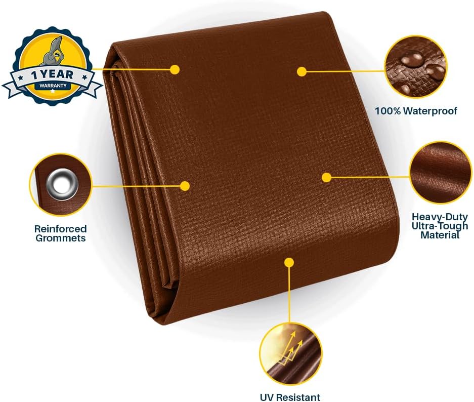 Seal Skin Covers Heavy Duty Waterproof Tarp 5x7 FT, 12 Mil 8 OZ 120 GSM Thick Brown Poly Tarp with Rustproof Grommets, Tear-Proof Cover with Reinforced Edges for Camping, Pool, Canopy Use