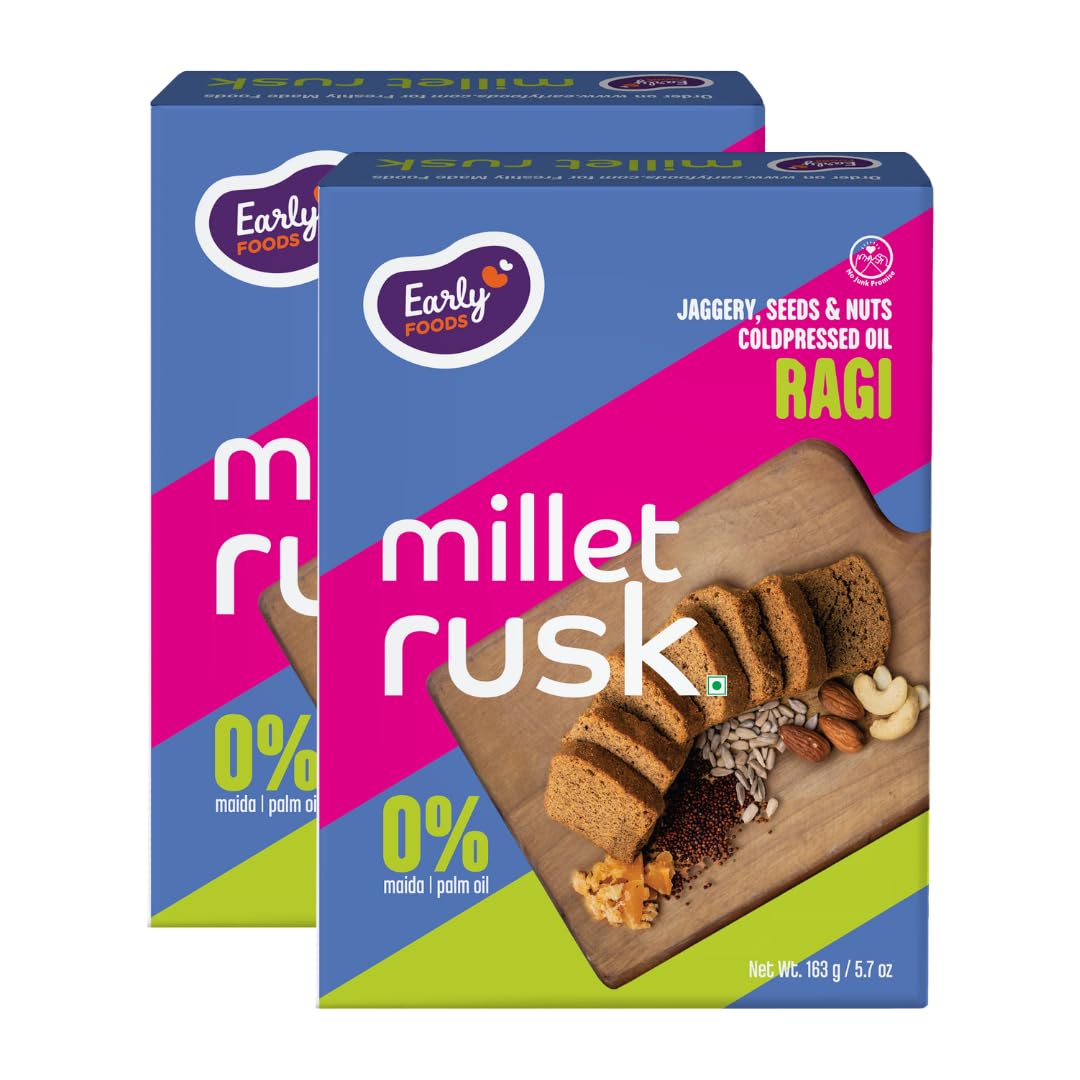Early Foods - Pack of 2 : Ragi Rusk | Millet Rusks Sugar Free | No Maida Rusk | Rusks for Kids | Millet Toast Biscuit 163g x 2