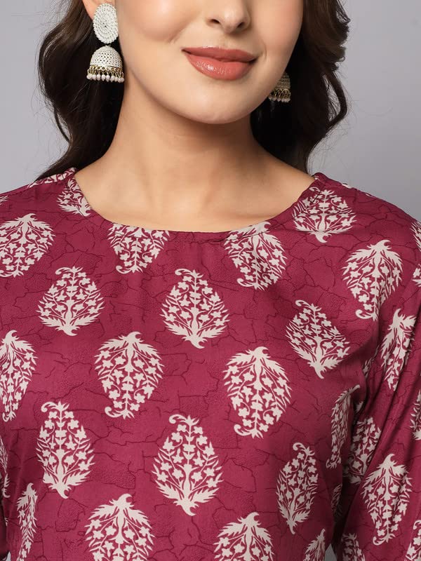 Image of VredeVogel Women's Poly Crepe Floral Straight Kurta with Pant and Chanderi Dupatta Set