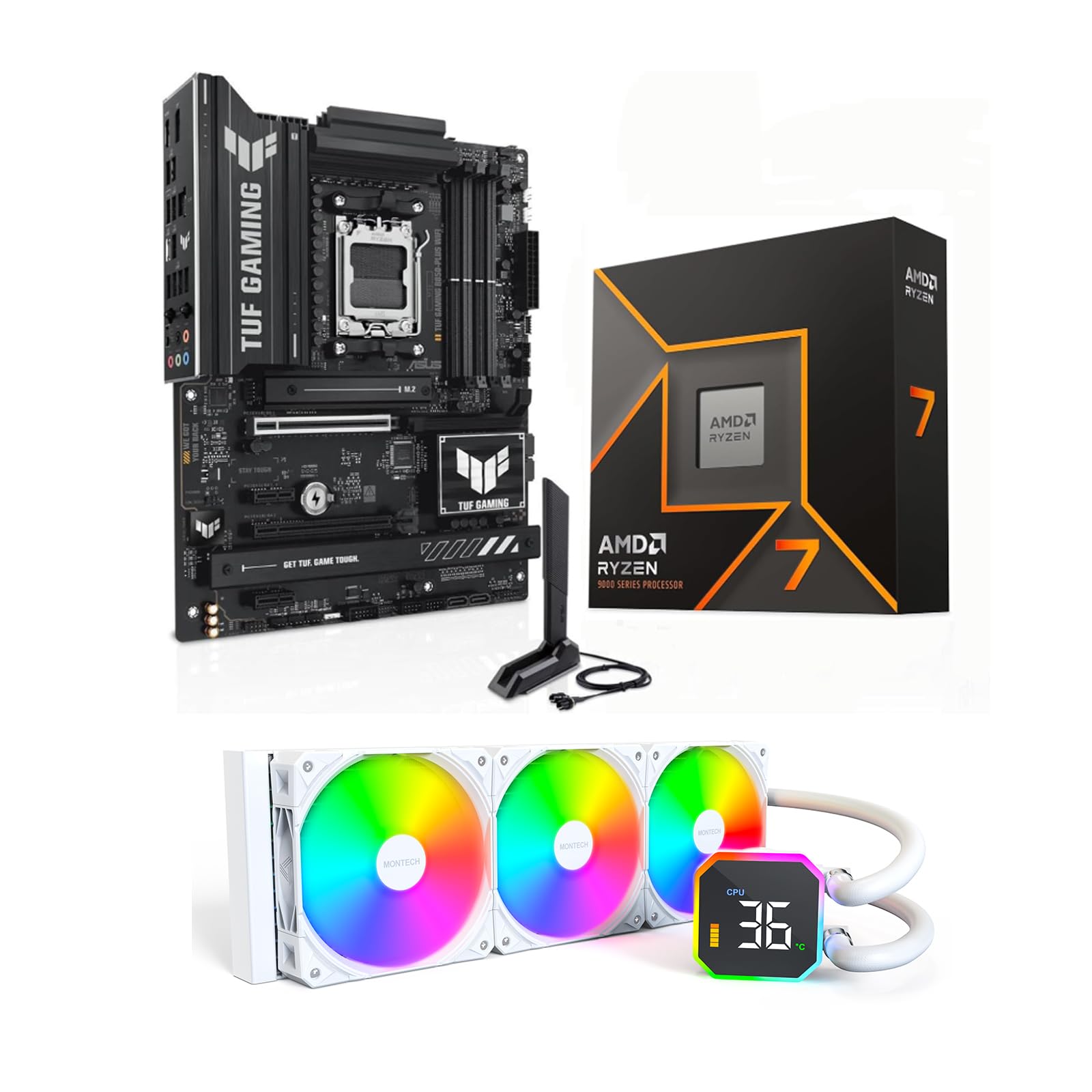 3 in 1 Bundle: AMD Ryzen 7 9700X Desktop CPU Processor + ASUS TUF Gaming B850-PL WiFi Motherboard + Montech Hyperflow Digital 360mm CPU AIO Water Cooling