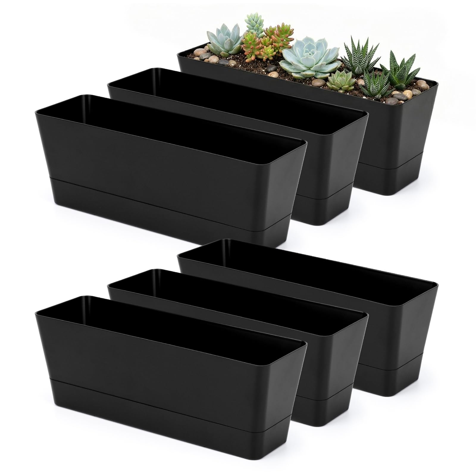 GREANER 6 Pack Herb Planters, 12x3.8 Inch Black Rectangle Window Boxes with Tray, Indoor Succulent Cactus Mint Plastic Pot for Windowsill, Balcony, Office, Outdoor Garden