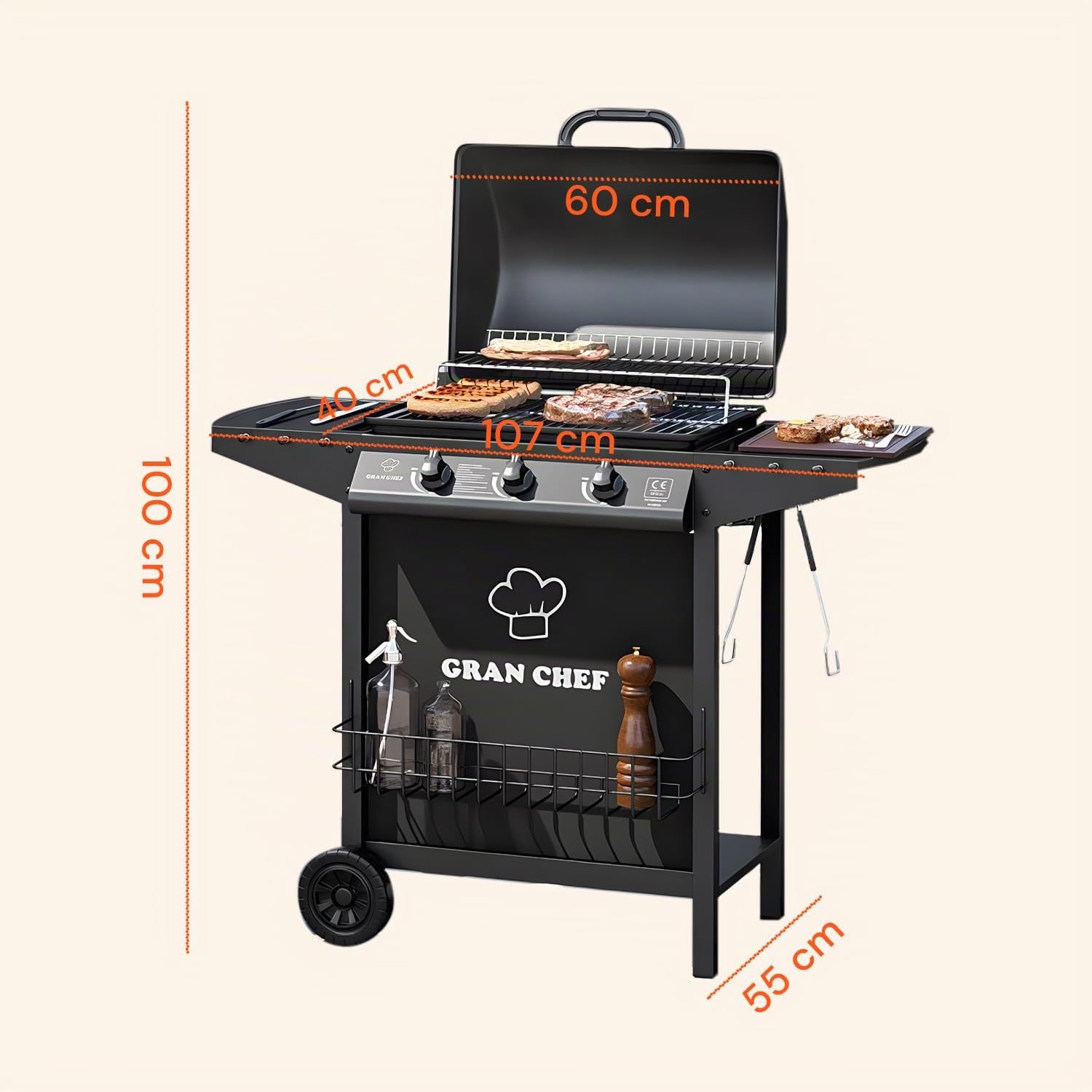 Avilia Barbecue a Gas 3 Fuochi Thomas – BBQ da Esterno in Acciaio Nero con Griglia Inox, Termometro, Cappa, Accensione Piezoelettrica e Ruote, Barbecue a Gas Esterno Compatto e Potente