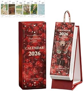 2026 Vintage Oil Painting Flip Calendar - Elegant Desktop Calendar with Butterfly Pendant, European Art Theme for Home/Office, Christmas Gift for Women(Red)