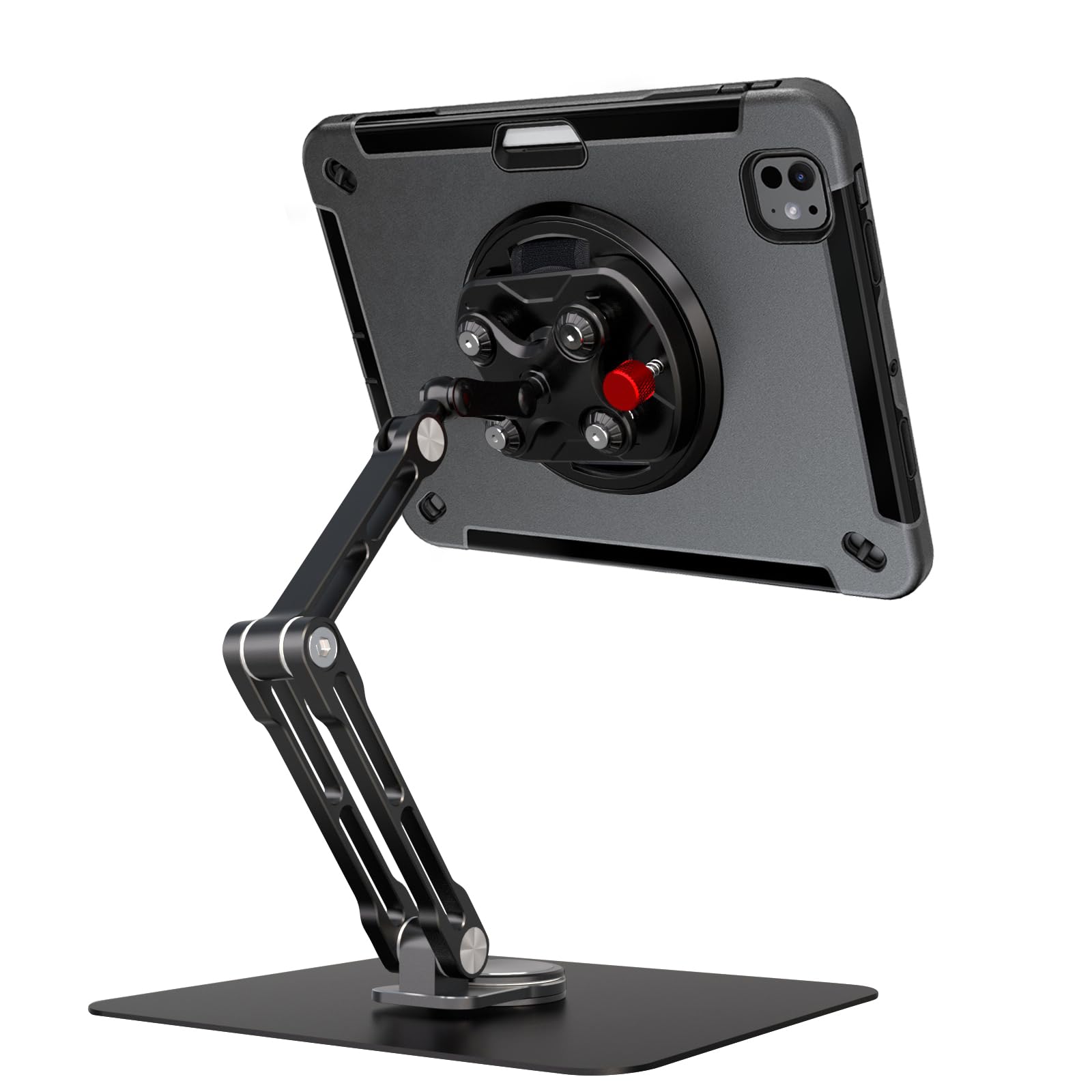 Junfire Supporto da tavolo per tablet con assorbimento degli urti per iPad Pro da 11 pollici (M4) 2024, tripla pieghevole, regolabile, girevole a 360°, con custodia per tablet, colore nero