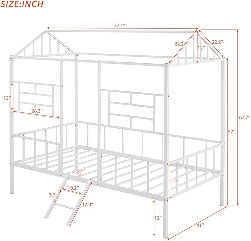 Miniatura 11 de Cama de casa individual con barandillas de valla, marco de cama de metal con escalera, para niños, niñas, adolescentes, color negro Negro,Blanco