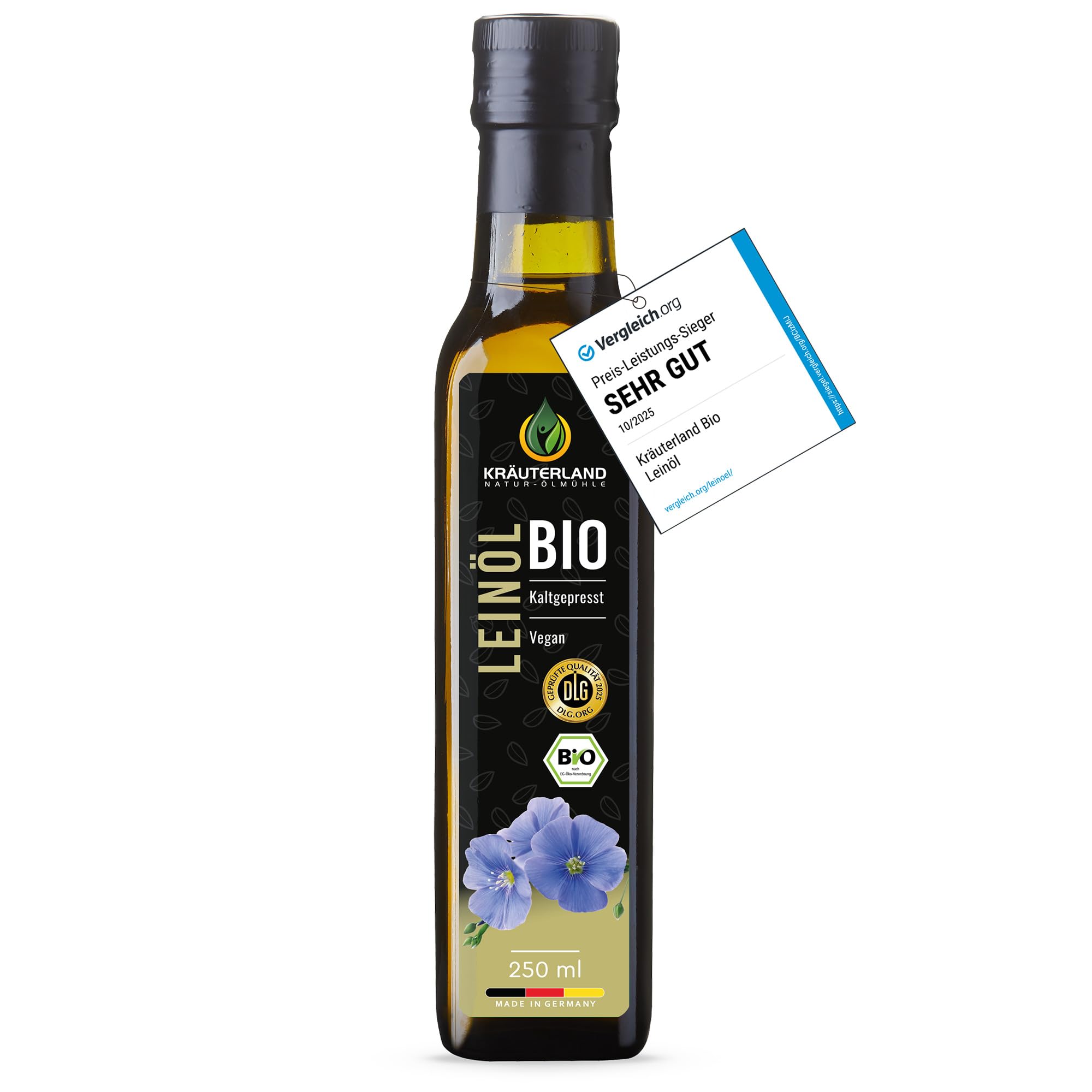 Kräuterland Bio Leinöl 250ml, Bio Leinsamen, kaltgepresst, mild & nussig, reich an Lignane und Omega 3-6-9 Fettsäuren, naturrein ohne Zusatzstoffe, glasflasche, mühlenfrisch