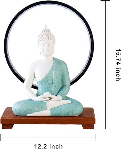 Miniatura 6 de Houlu Estatua de Buda verde de 12 pulgadas y lámpara de mesa LED circular de 15.74 pulgadas, estatuas de Buda de cerámica para interiores para