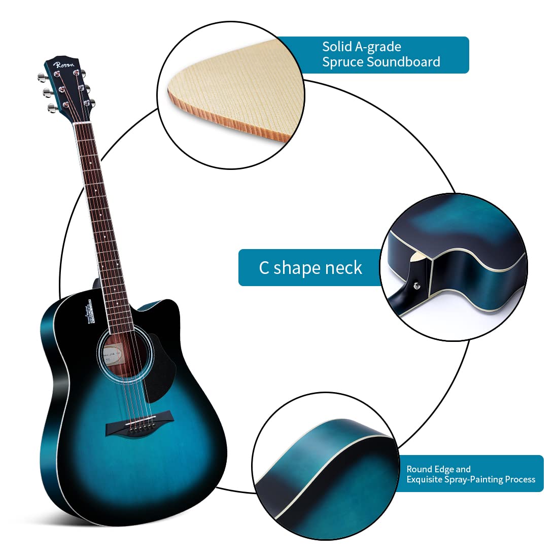 Rosen Chitarra acustica 4/4 41 pollici Bundle principianti con libro, borsa, corde, plettri, accordatore, chiave a brugola, tracolla, blu