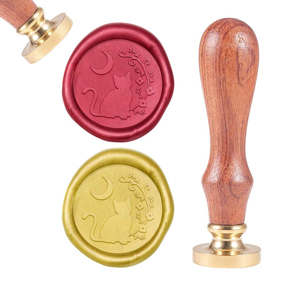 CRASPIRE Sello de Sello de Cera Gato, Sellos de Cera de Sellado Flor Luna Sello de Latón Retro Sello de Cera 25mm Desmontable Cabeza de Latón Mango de Madera para Tarjeta de Regalo de Botella