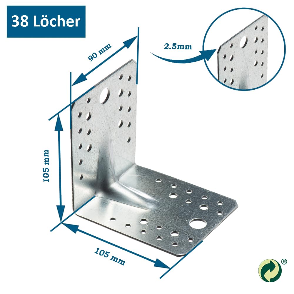 VHG Set di 10 connettori angolari pesanti (105 x 105 x 90 x 2,5) a 90 gradi L staffe angolari, connettori in legno zincato, rinforzo per angoli di costruzione in legno per connettori mobili