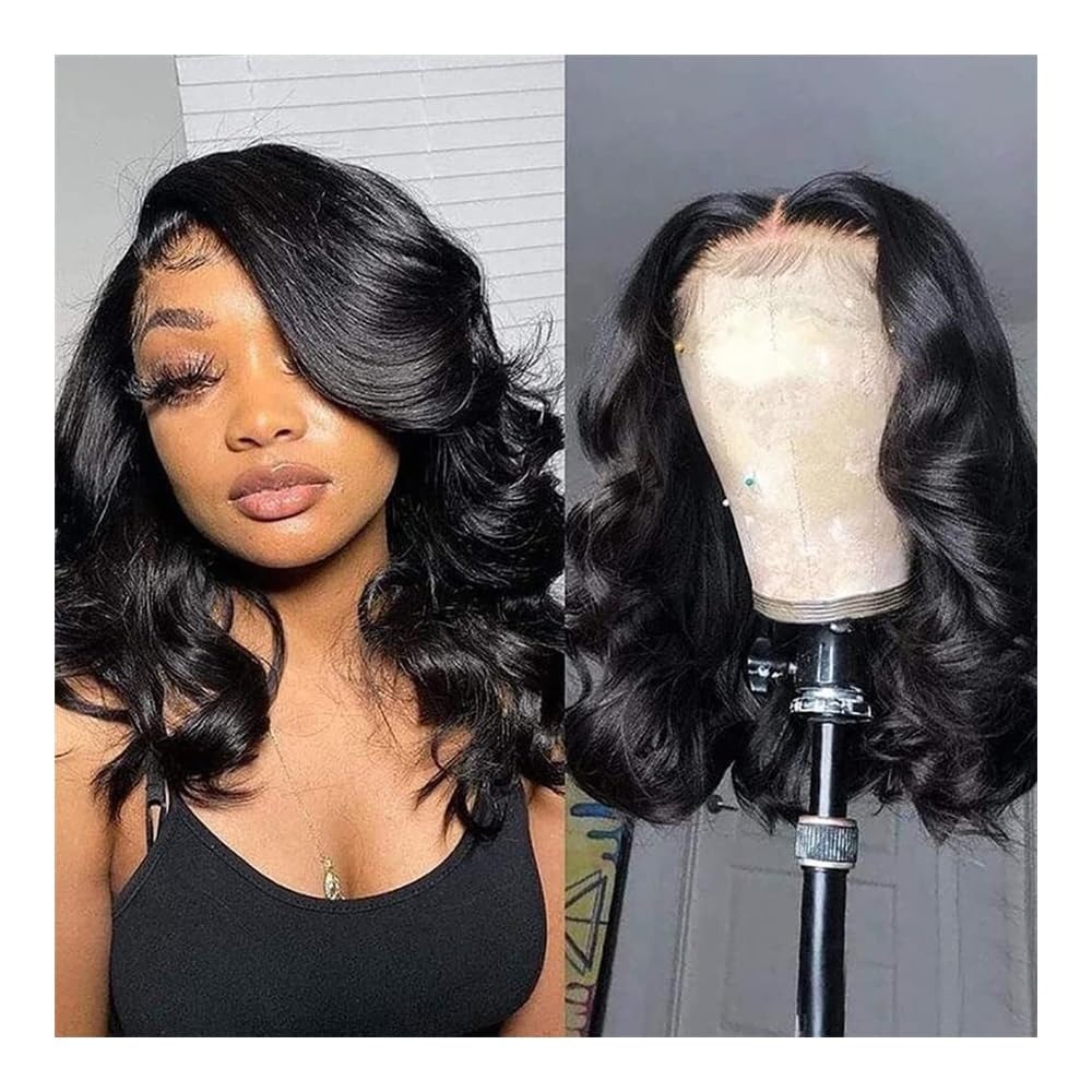 Perruque Lace Frontal Wig synthétique noire courte à effet naturel ondulé pour femme