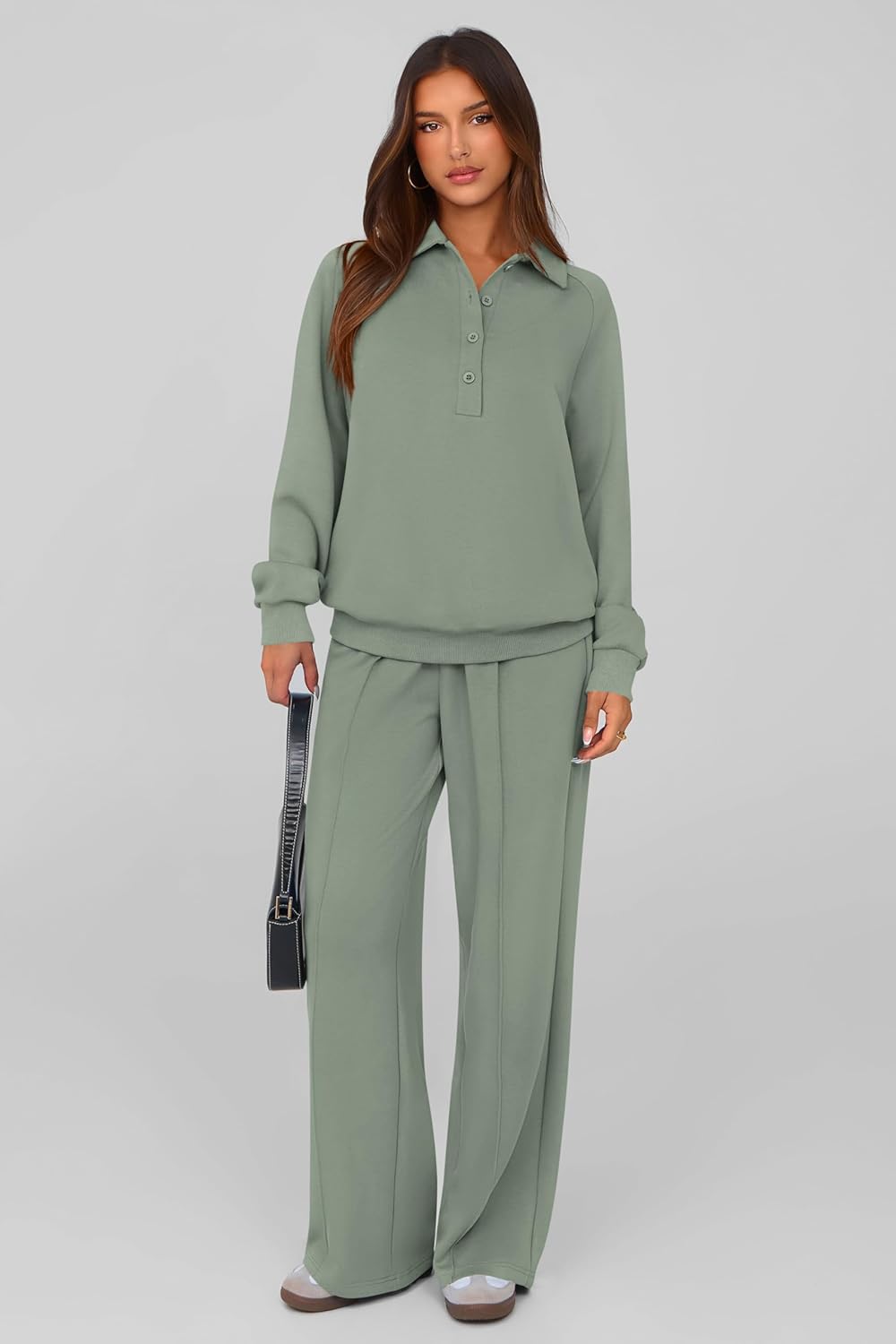 PRETTYGARDEN Women Fall 2 Piece Outfits Sweatsuits Quarter Button Long Sleeve Sweatshirt Wide Leg Pants Tracksuit Lounge Sets - Image 2