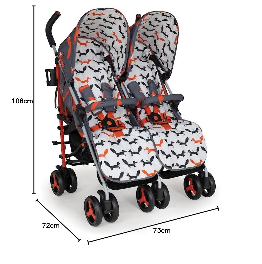 Cosatto Supa Podwójny wózek dziecięcy, od urodzenia, 0–25 kg, lekki, kompaktowy, składany, z nausznikami, uchwytem na kubek i pokrowcami przeciwdeszczowymi (Charcoal Mister Fox)