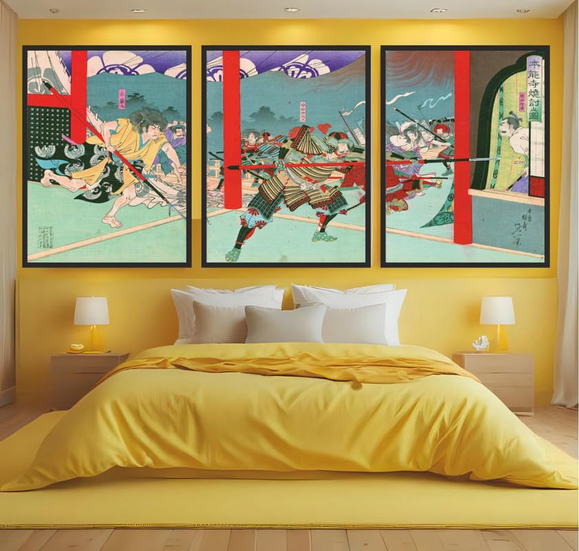 Nobukazu Yosai Incident at Honn ji Meiji era print Triptich Reprint - 3x A1 Poster - Triptych rolled in tubes Camilla's Gallery Set of 3 Trio Triptych Three Stretched Mounted Multi Panel Wall Art Cla