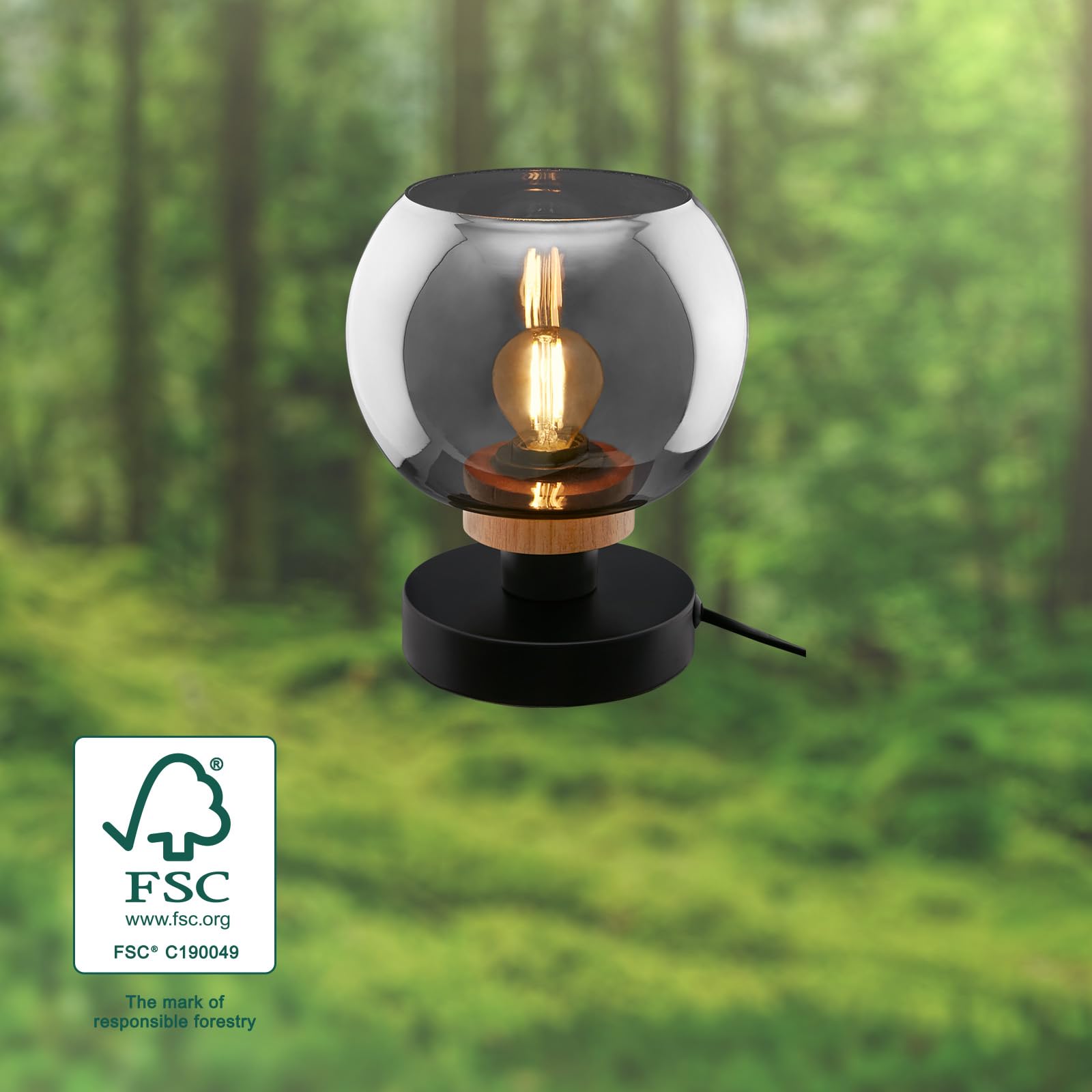 BRILONER - Lampada da comodino, vetro fumé, lampada da scrivania con interruttore a cavo, lampada da tavolo E14 per home office, lampada da lettura, legno nero