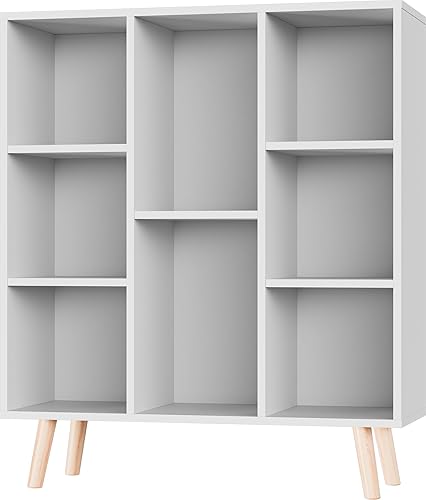 Estantería blanca pequeña, de madera, 8 cubos, organizador de almacenamiento con dispositivo antiinclinación, estantería moderna independiente para
