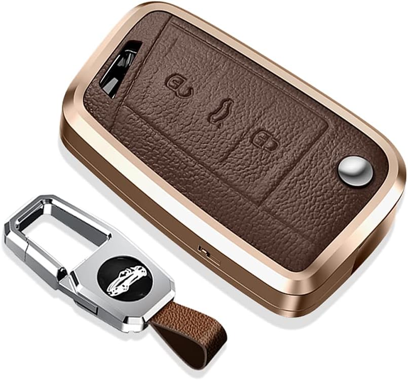 SANRILY Brown Flip Key Case for VW Tiguan Golf 7 VI Polo Passat Touran for Skoda Scala Octavia Keyless Metal Leather Key Fob Cover for A1 Sportback 2021