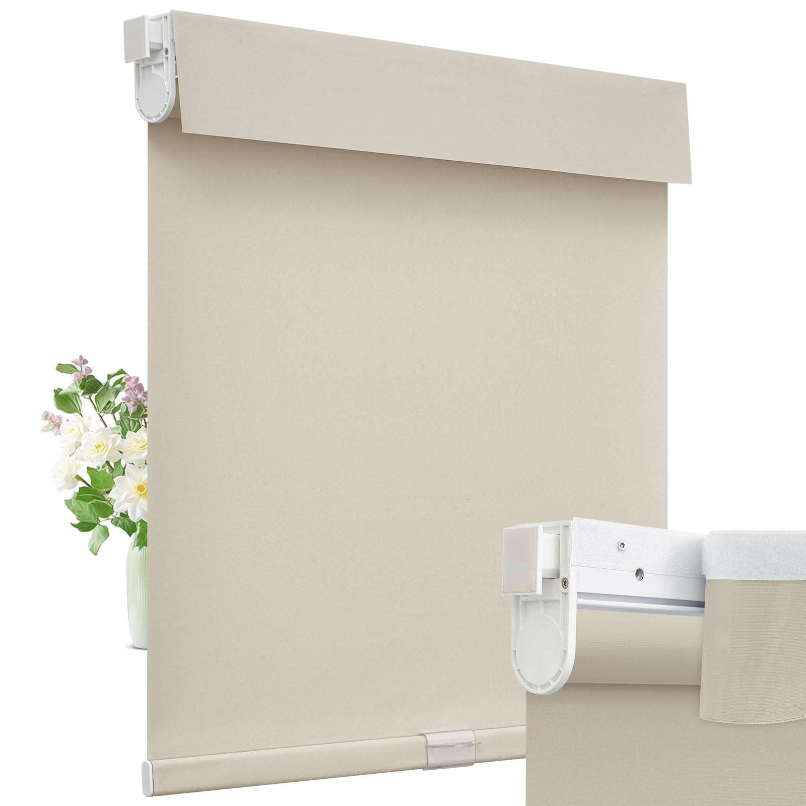 Moonice Cordless Roller Blinds No Drill Blinds for Windows Valance Blackout Shades Thermal Insulated Easy to Install Waterproof Window Shades for Home Kitchen Bathroom (Khaki, 132cm W x 183cm H)