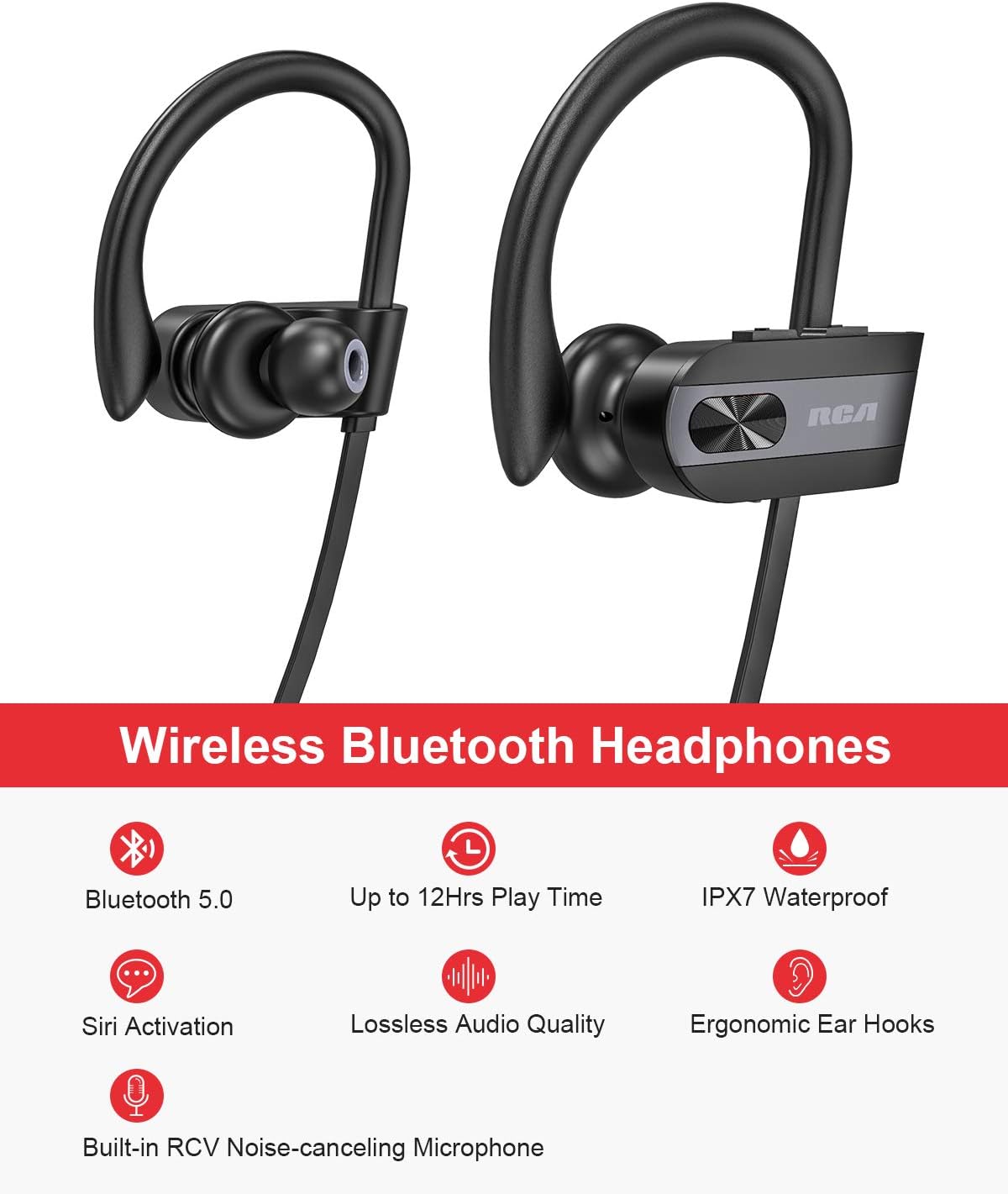 RCA Bluetooth headphones, IPX7 Waterproof Wireless Bluetooth 5.0 Earbuds with Mic, HiFi Stereo In-Ear Sports Earphones for Running Workout Gym, Noise Cancelling Headphones 12 Hours Playtime