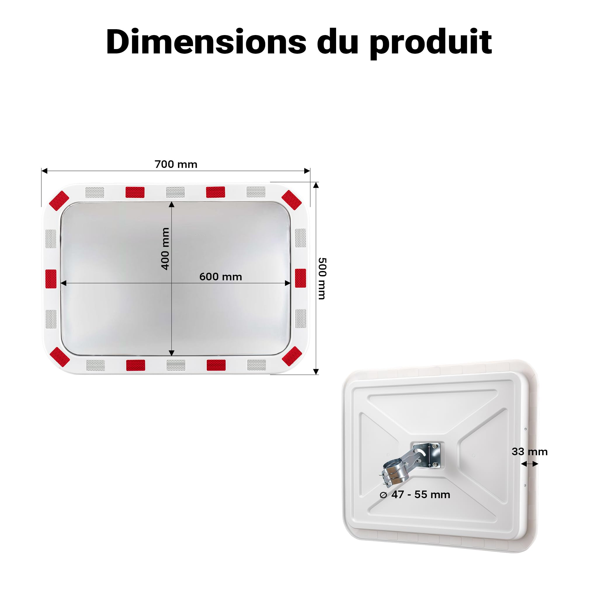 Wiltec Miroir routier convexe de circulation 50 x 70 cm Champ de vision de 130°-130° Bandes réfléchissantes Blanc-rouge Sécurité routière Outdoor Indoor Polycarbonate solide Surveillance Rue Magasin