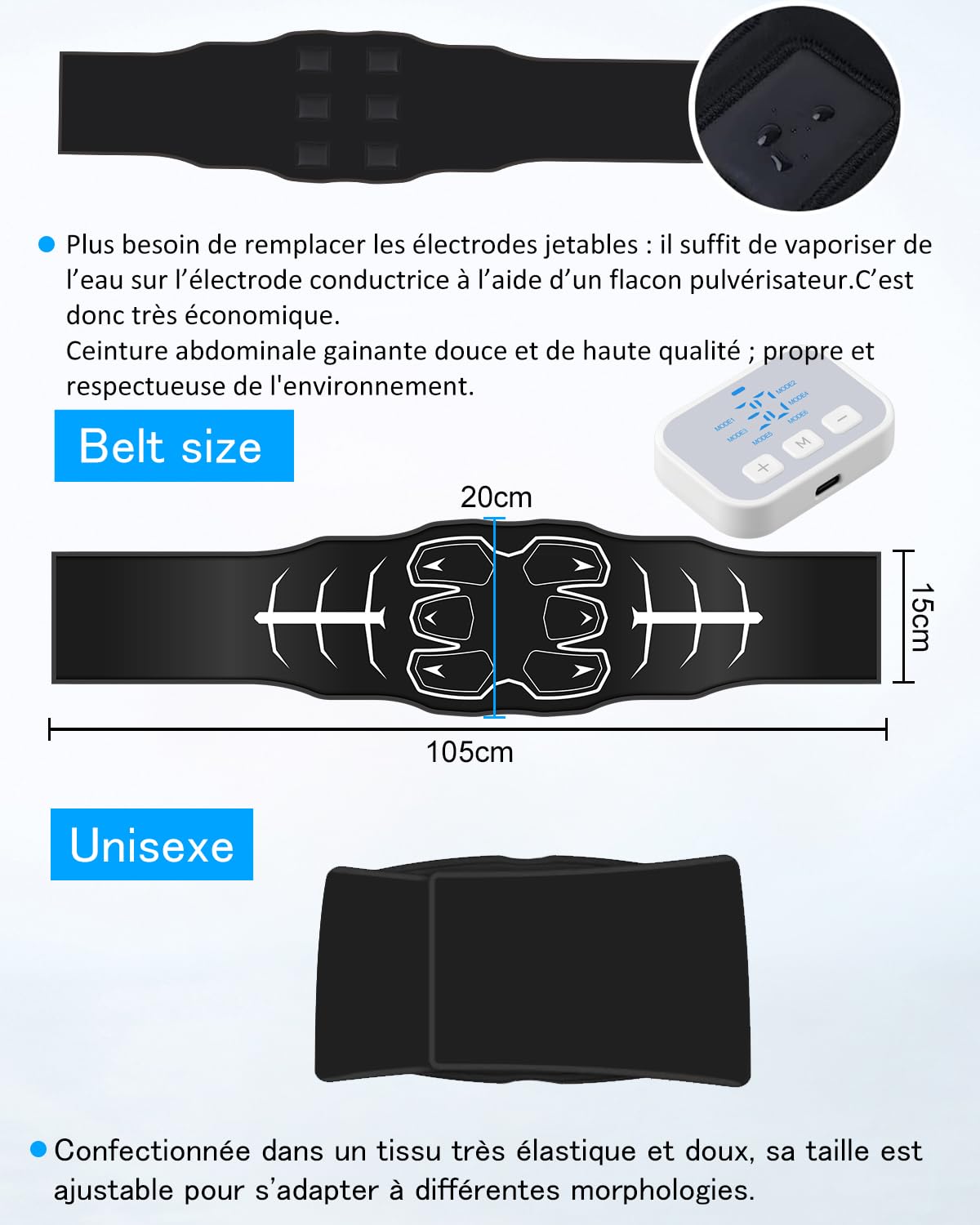 Electrostimulateur Musculaire, ceinture abdominale electrostimulation, Lavable, Coussinet en silicone doux pour la peau, Pas besoin de remplacer, 6 modes, 30 niveaux, stimulateur musculaire, Unisexe