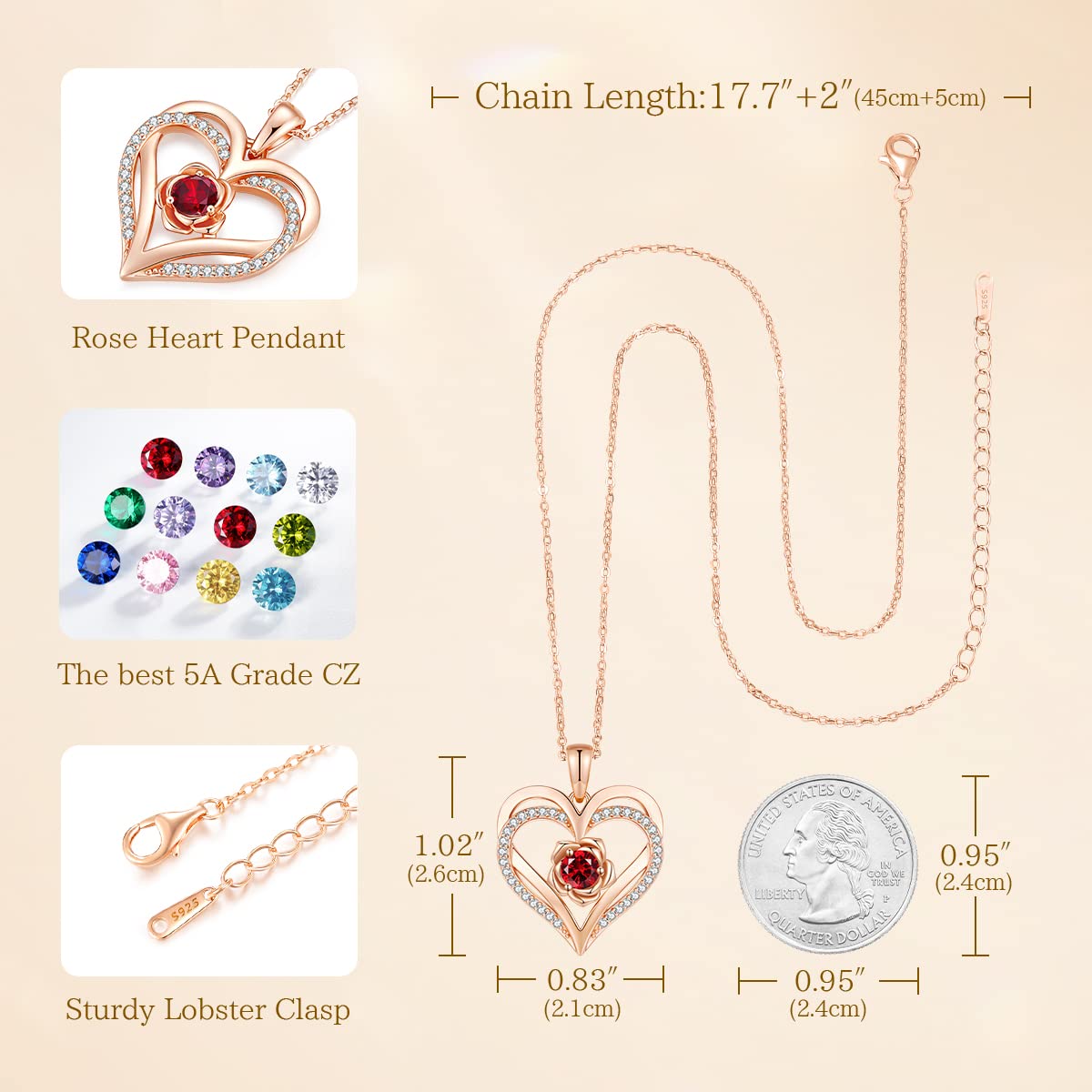 CDE Rosegold Herz Halskette für Damen Geburtsstein Schmuck Geschenk | Herz Halskette Geschenk für Frauen Mama mit Anhänger Schmuck Valentinstag Muttertag Geburtstag Weihnachten