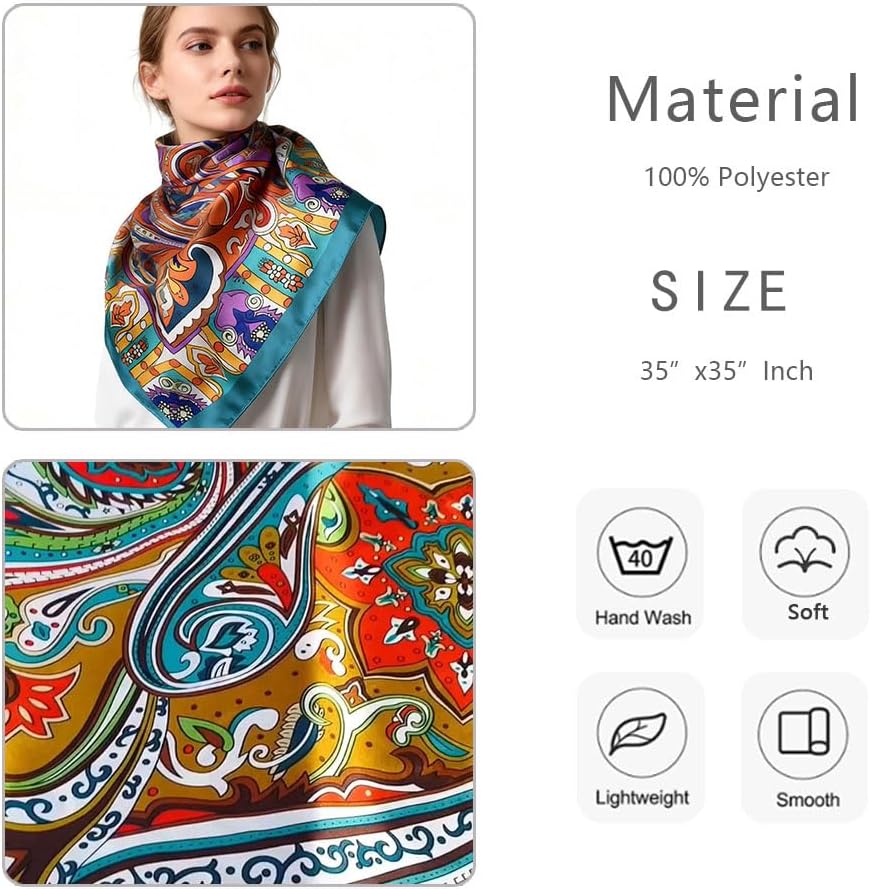 4Pcs Silk Head Scarves for Women Satin Hair Scarf 35”Large Square Bandana Silk Like Neck Scarf Shawl image 3