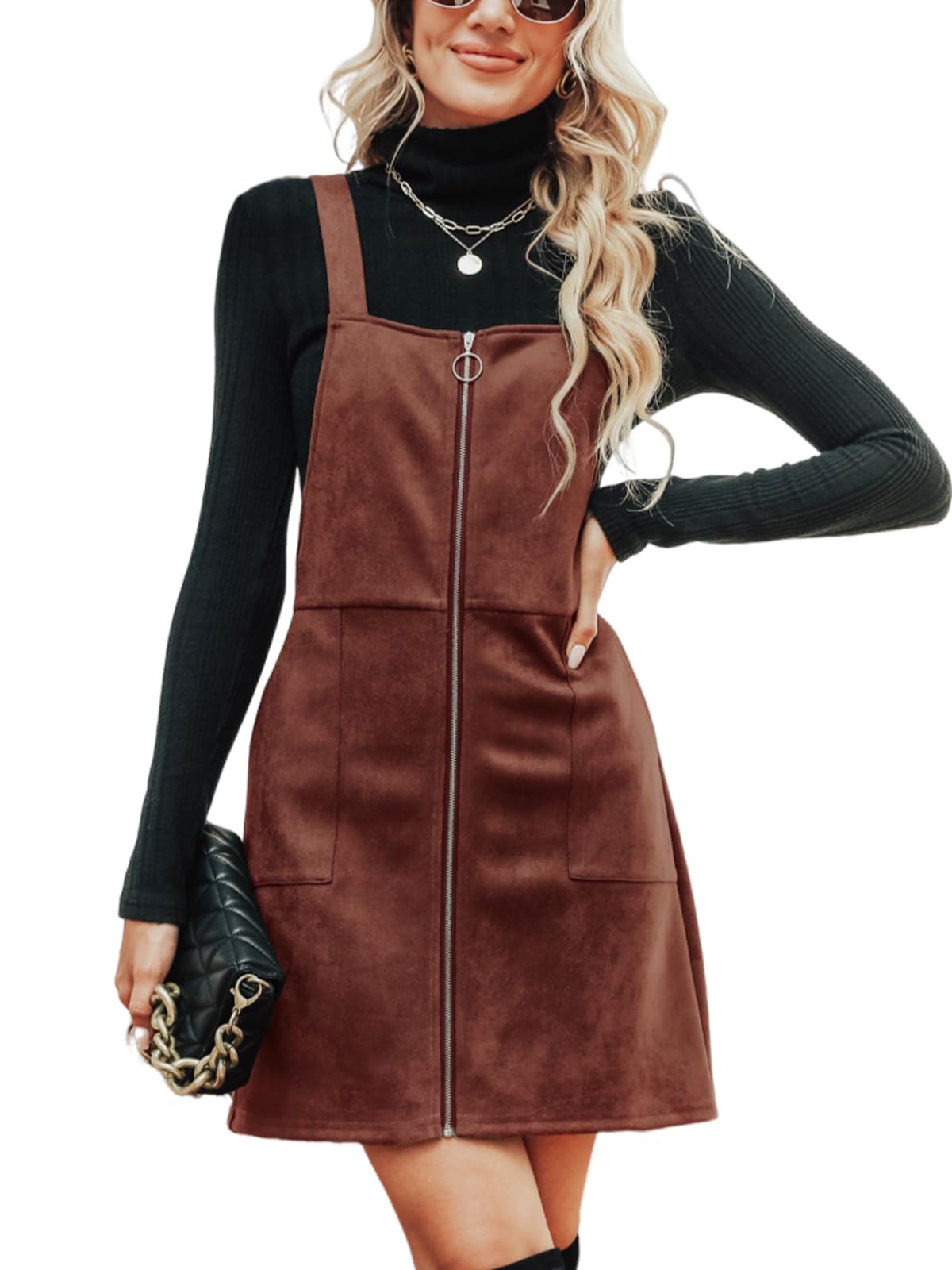 CUPSHE Faux Suede Mini Fall Dresses for Women Square Neck Pull Ring Zipper Front Pockets Wide Straps Casual Autumn Dress