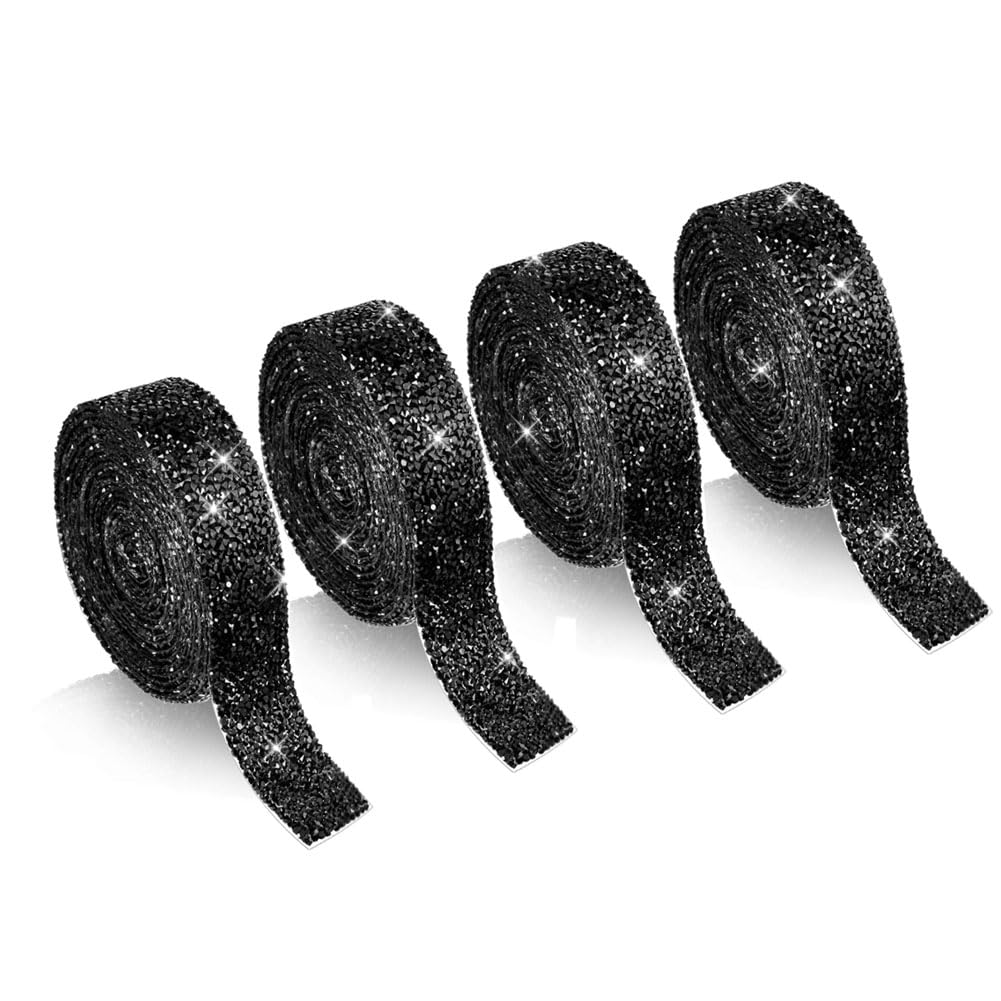 4 Rolls Black Resin Rhinestone Ribbons Self-Adhesive Crystal Ribbon ...