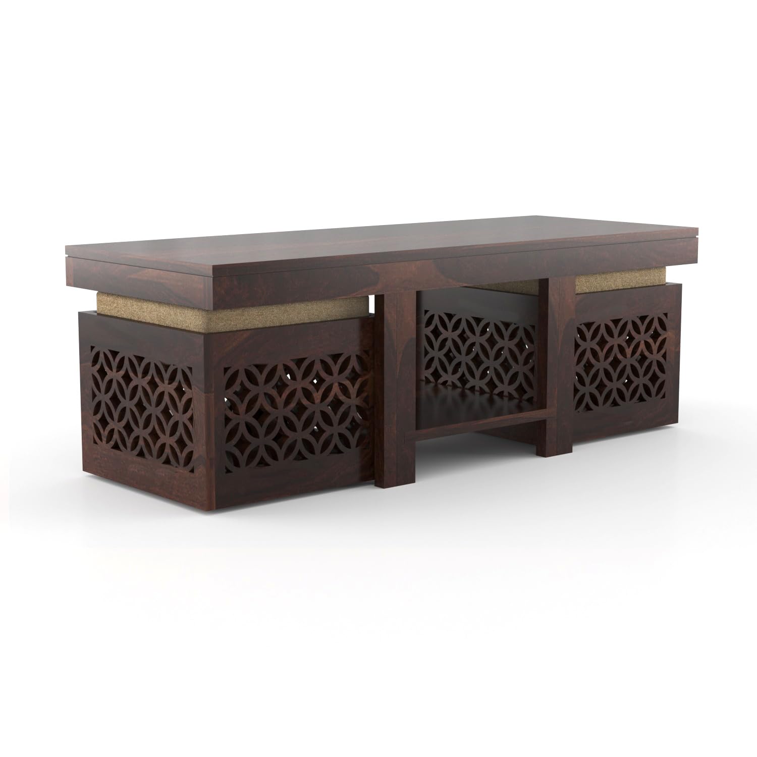Home, Office | Wooden Center Cofee Table for Living Room, Center Table with Shelf Storage SIGNATURE KRAFT Solid Sheesham Wood Coffee Table with 2 Stools