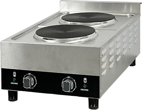 Placa caliente doble comercial, Quemador eléctrico de 3600 W, Placas de hierro fundido de 9 pulgadas, 6 ajustes de calor, Construcción de acero